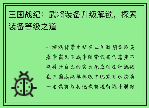 三国战纪：武将装备升级解锁，探索装备等级之道